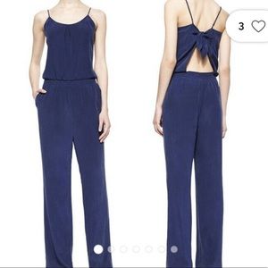 JOIE Lundy Navy Wide Leg 100% Silk Jumpsuit Scoop Neck Cutout Tie Back